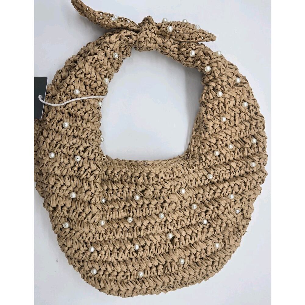 Haute Hippie Raffia Straw Shoulder Bag Faux Pearls 14x14” NWT HOBO COTTAGE BOHO